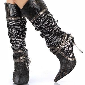 Wild Rose Silver & Black Slip On Below Knee Boot